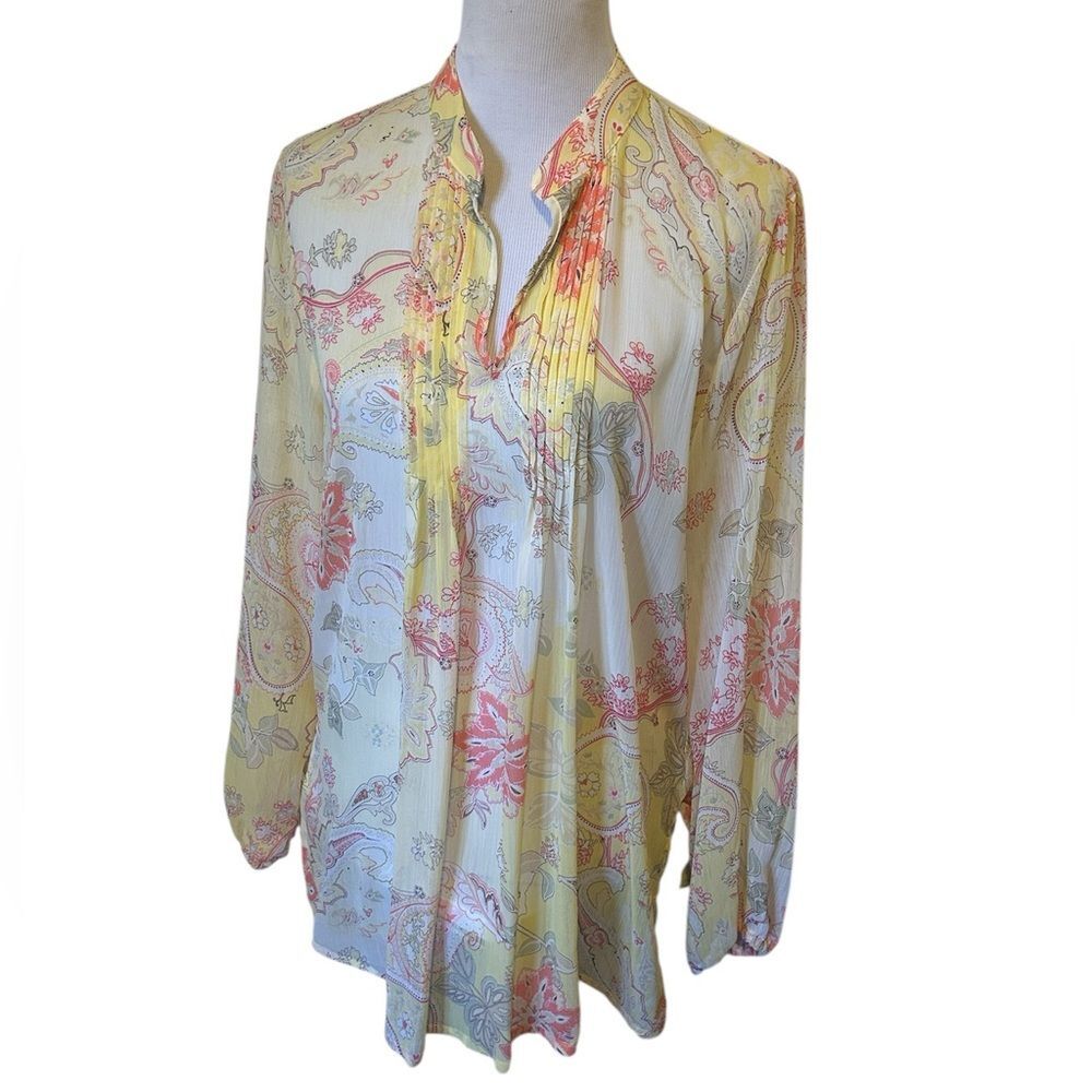 Susan Graver Sheer Yellow Paisley Floral Print LS Tunic Blouse V-neck Large